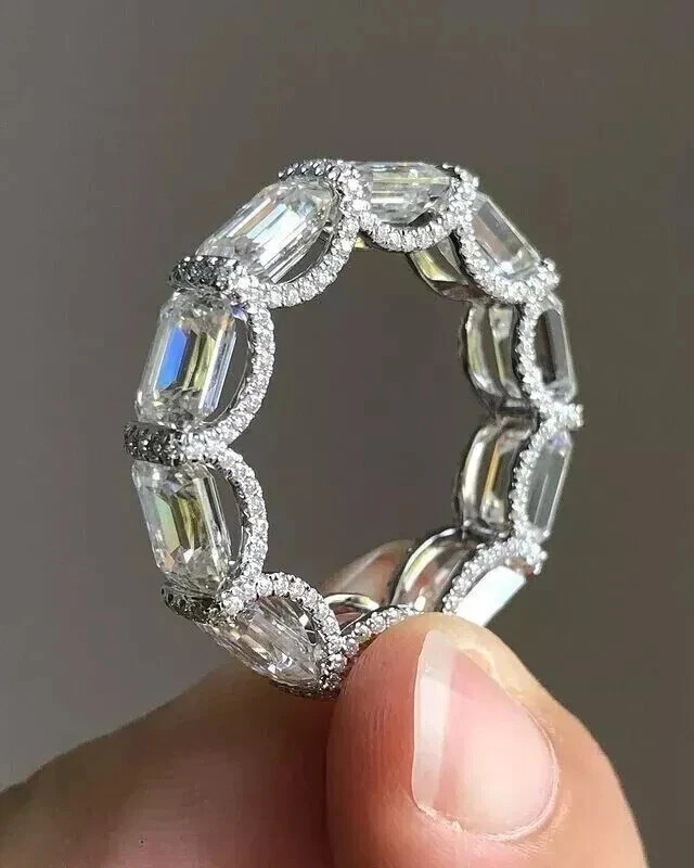 Art Deco Style Emerald Lab Created Diamond Engagement 14K White Gold Finish Ring