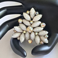Vtg Rectangle GoldTone Brooch AB Rhinestone White Milk Glass Marquise Stones B30