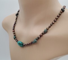 VTG 925 Peacock Pearl Turquoise Necklace 17in Sterling Silver 2″ Extender Estate