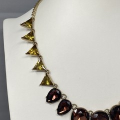 Designer Geometric Bib Necklace Brown Yellow Glass Rhinestone Gold Tone 19″