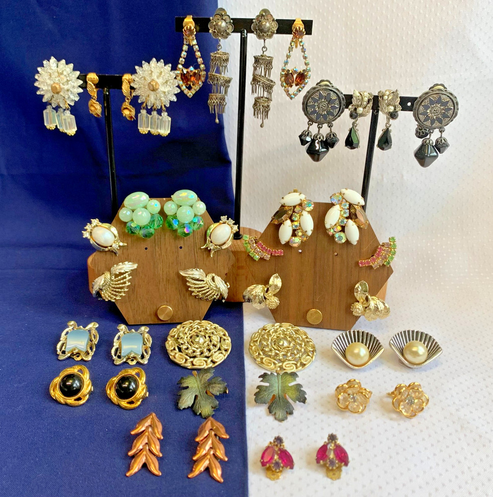 Vtg Clip-On Earring Lot Robert Rose Renoir Dalsheim Judy Lee Lisner Faux Gems