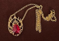 Victorian Revival Necklace Gothic Filigree Red Czech Glass Pendant