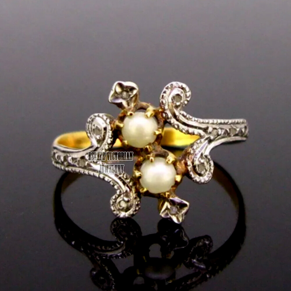 Stunning 1.07Ct Rose Cut Diamond Pearl Studded Silver Vintage Style Ring Jewelry