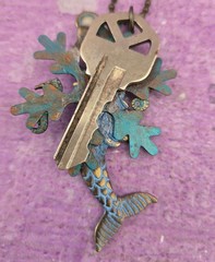 Steampunk Mermaid Key Necklace Long 32in Pendant Seahorses Pearl Bronze Sea Life
