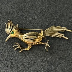 Vintage Road Runner Bird Brooch Pin Silver & Gold Tone Green Eyed