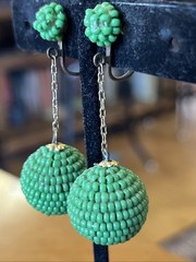 Vintage Green Glass Seed Bead Dangle Drop Clip On Earrings Go Go Style 2”