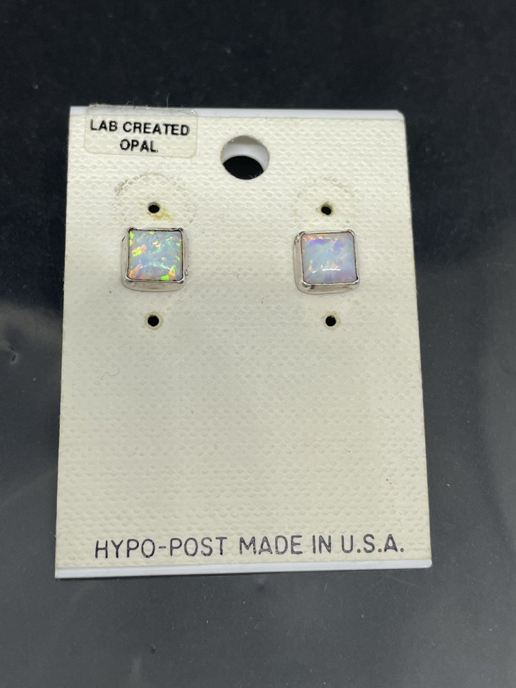 Vintage Sterling Silver 925 Lab Created Fire Opal Stud Square Earrings USA