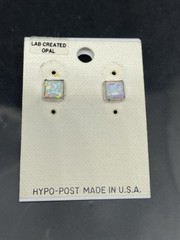 Vintage Sterling Silver 925 Lab Created Fire Opal Stud Square Earrings USA