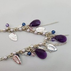 Avon Necklace Silver Tone Purple Chain Charm Beaded Leaf Tear Drop Blue Pearl