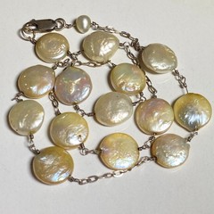Vintage 925 Sterling Silver Cream Iridescent Coin Pearl Station Chain Necklace