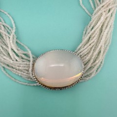 Vintage Seed Bead Opalite Necklace Multi Strand Large Oval Station Pendant 17″