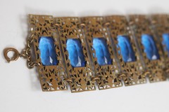 1920s/30s Czech Faceted Oval Blue Glass Enamel Openwork Panel Bracelet ~6 3/4″ L