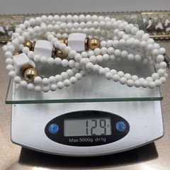 Dauplaise VTG White Beaded Necklace 30″ Gold Tone Long Statement Modernist