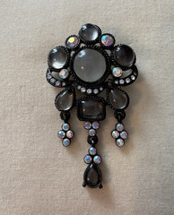 Gothic Revival Victorian Brooch Clear Cabochon Stones Aurea Borealis Dangles