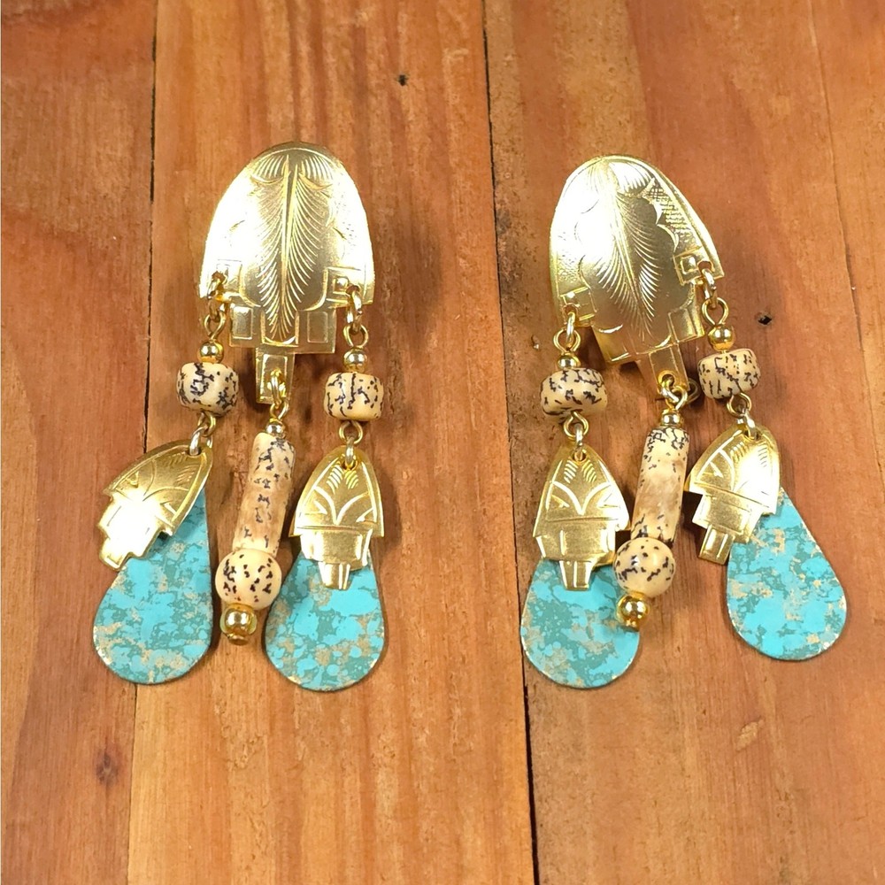 Vintage Unbranded Gold-Tone Dangle Earrings Beaded Stud Back