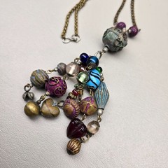 Boho Beaded Necklace Lot Paper Bead Blue Glass Charm Dangle Long Layered 3pc