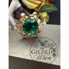 Vintage 14K Gold Hollywood Regency Ribbon Ring | Simulated Emerald 9.28g Sz 6.5