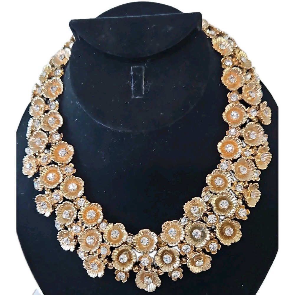 Vintage Statement Runway Collar Necklace Featuring Gold Tone Floral Rhinestones