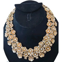 Vintage Statement Runway Collar Necklace Featuring Gold Tone Floral Rhinestones