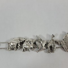 Vintage Pewter Noah’s Ark Animal Silver Tone 7.6″ Slide Clasp Bracelet