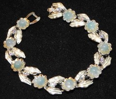 Vintage Judy Lee Blue Moonglow Cab Silver Tone Leaf Necklace Bracelet Set Rhines