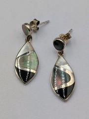 Vtg Sterling Silver Onyx Rainbow & White MOP Marquise Shape Dangle 925 Earrings