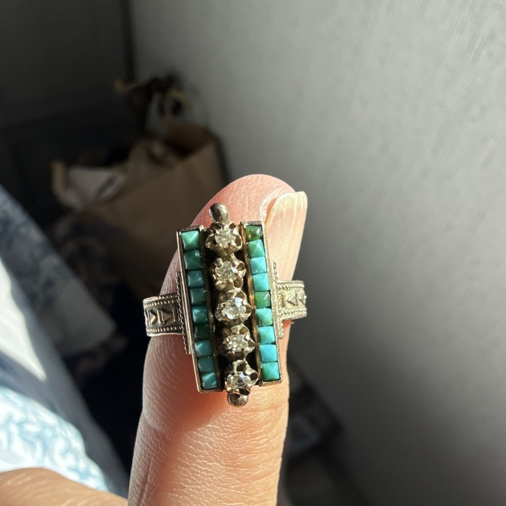 1900 S Victorian Dimond and Turquoise 14 K. Gild Long Bar Ring. Size 6 Rare