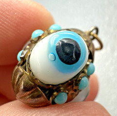 Vtg Victorian? Triple Evil Eye Blown Glass Gilted Brass Pendant Good Luck Amulet