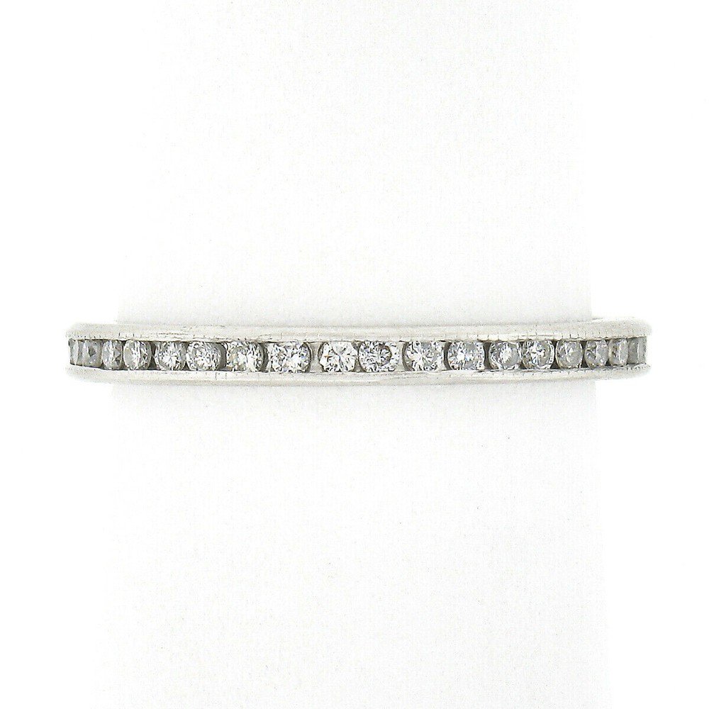 Vintage Platinum 0.80ct Channel Diamond Engraved Petite Stack Eternity Band Ring