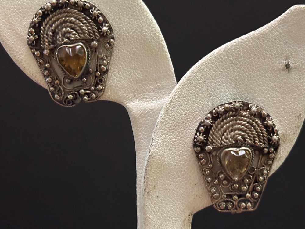 Antique 800 Silver EARRINGS Russian Hand Made Heart Shape Citrines 84P Rope/Bead