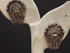 Antique 800 Silver EARRINGS Russian Hand Made Heart Shape Citrines 84P Rope/Bead
