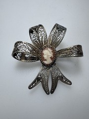 Antique Brooch Pin 800 Silver Shell Cameo Filigree Bow Trombone Clasp Hinge 2”