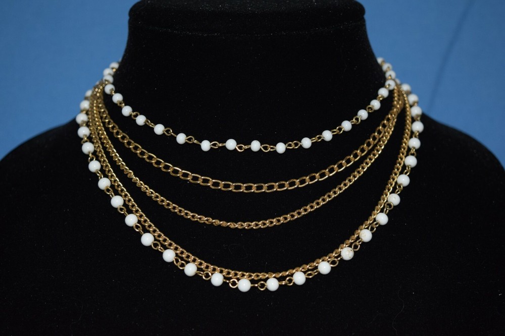 Vintage Coro Goldtone Chain and White Bead Adjustable Length Necklace