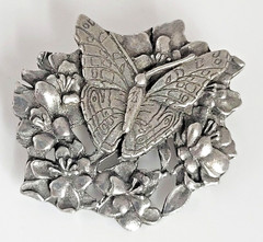 Vintage 1998 Birds & Blooms Pewter Butterfly & Flower Brooch Pin