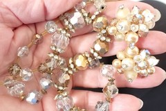Vintage Signed Vendome Crystal Necklace & Earrings Set Clear & Gold Beads AB