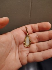 antique jewelry 14k gold white opal pendant with diamond inlay nice size