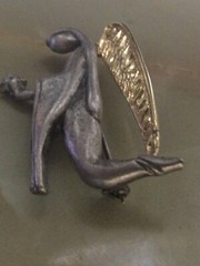 LIZ GATTA Angel Pin Brooch Silver Pewter GOLD TONE Signed Safety Catch Designer