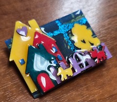 House Pins by Lucinda USA Blue Glitter Sky House Cat & Dog in Yard Pin / Brooch