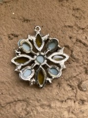 Vintage Silvertone GREEN & BLUE RHINESTONE Flower Pendant