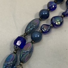 Vintage TRIFARI Cobalt Blue Glass Bead Necklace 2 Tier Peacock Iridescent Silver