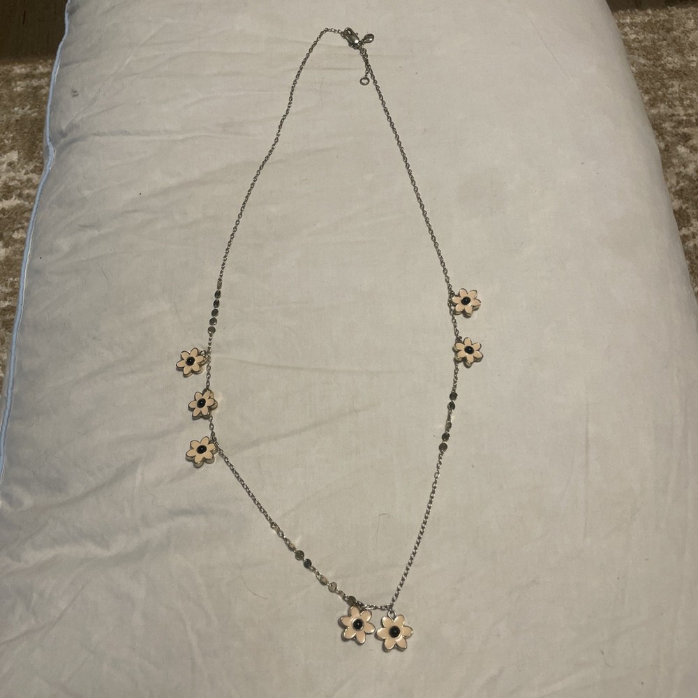 Gold And White Enamel Flower Chain Necklace