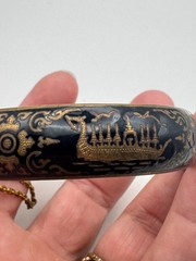 Vintage Siam Bracelet Sterling Silver Niello Enamel Bangle Longship Etched 7.25