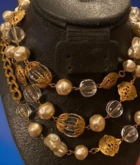 Vtg Miriam Haskell Signed Faux Pearl Lucite Ornate Russian Gold Beaded Necklace