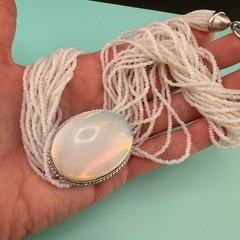 Vintage Seed Bead Opalite Necklace Multi Strand Large Oval Station Pendant 17″