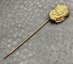 Vintage Art Nouveau Lady Face Stick Pin Gold Tone Brass Antique Victorian Era