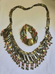 Vintage Egyptian Revival Faience Style Bib Necklace & Bracelet Brass Tone READ