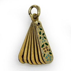 Rare 1930s 14K Gold Enamel Fan Charm Opens Secret Love Message Art Deco