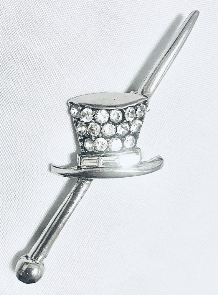 Vintage Silver Tone Mini Top Hat Bar Pin Brooch Clear Rhinestones Jabot