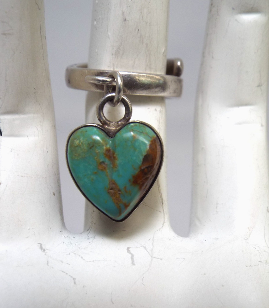 Joan Slifka Designs STERLING SILVER Turquoise Dangle Heart Ring Size 5.5 6g