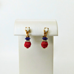 Vintage Patriotic Gold-Tone Clip-On Dangle Earrings, Red White Blue, 60s Retro